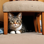 **  A stressed cat hiding under furniture in a cluttered home environment with visible changes like new furniture or construction.  Focus on conveying anxiety and discomfort.

**