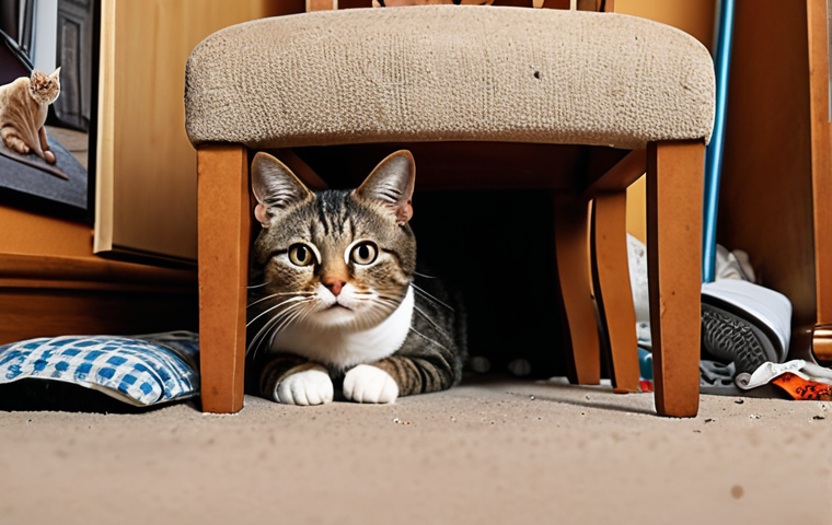 ** A stressed cat hiding under furniture in a cluttered home environment with visible changes like new furniture or construction. Focus on conveying anxiety and discomfort.
**