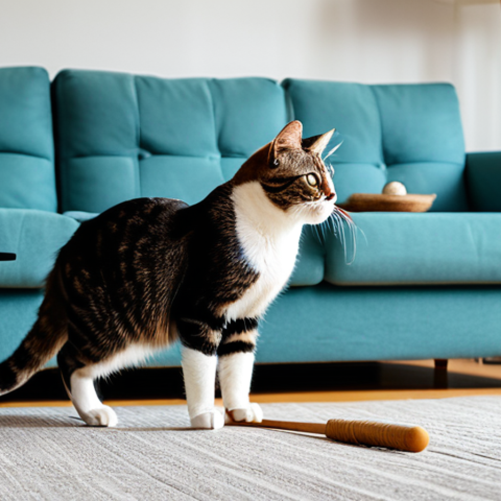 A sleek, playful domestic cat, named Badal, in mid-pounce, playfully chasing a feathered wand toy in a modern, sunlit living room. The cat exhibits a natural, athletic pose, embodying its innate hunting instincts. The background features a stylish cat tree and soft furnishings, creating a comfortable home environment. perfect anatomy, correct proportions, natural pose, well-formed paws, proper toe count, natural body proportions, professional photography, high quality, safe for work, appropriate content, family-friendly.