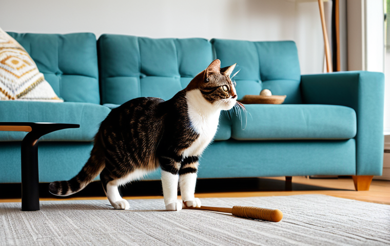 A sleek, playful domestic cat, named Badal, in mid-pounce, playfully chasing a feathered wand toy in a modern, sunlit living room. The cat exhibits a natural, athletic pose, embodying its innate hunting instincts. The background features a stylish cat tree and soft furnishings, creating a comfortable home environment. perfect anatomy, correct proportions, natural pose, well-formed paws, proper toe count, natural body proportions, professional photography, high quality, safe for work, appropriate content, family-friendly.