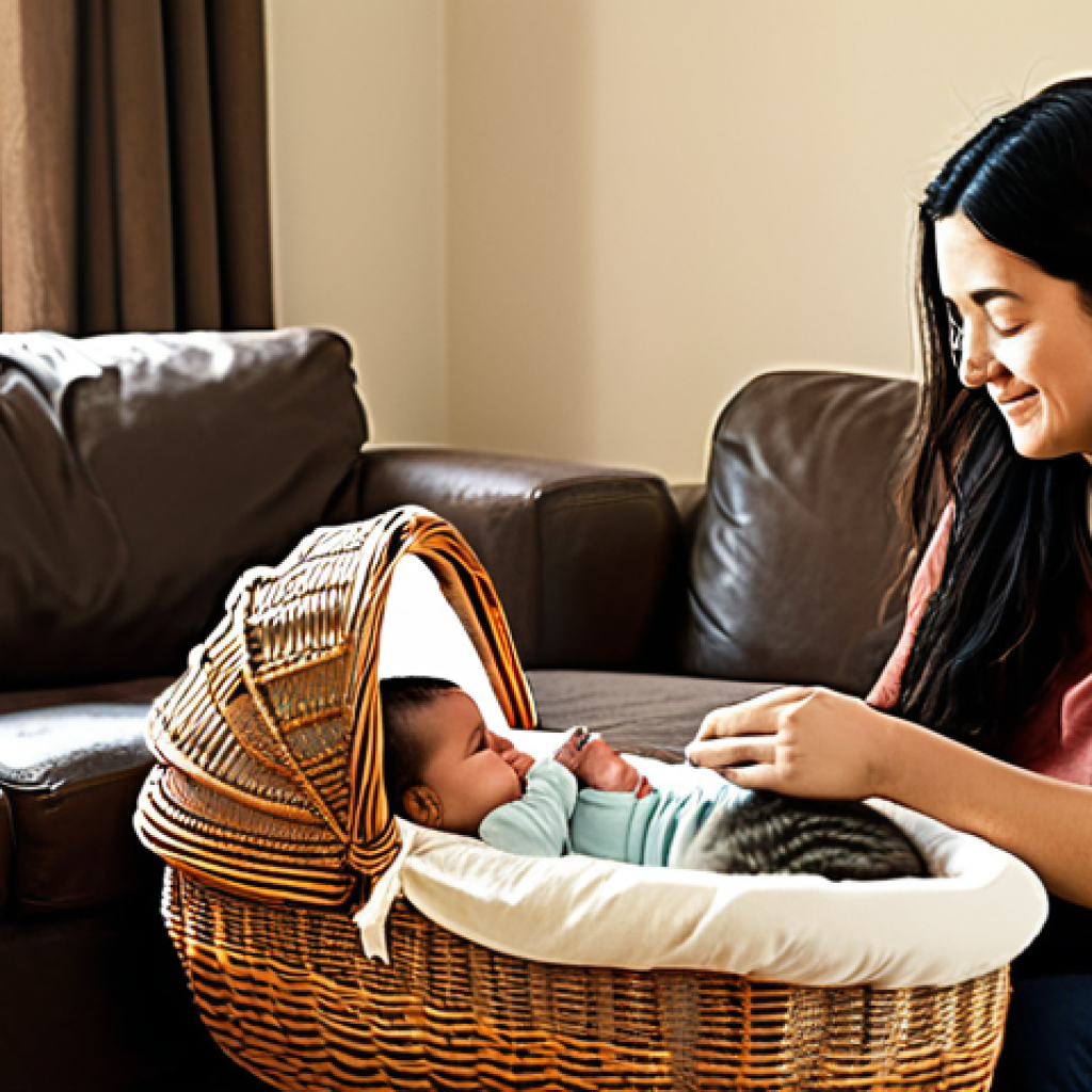**
"A cozy living room scene where a fully clothed mother is gently introducing her baby (in a Moses basket) to a curious but cautious cat. The cat is sniffing the air near the baby but is not in direct contact. Soft, natural lighting, warm colors, safe for work, appropriate content, fully clothed, modest setting, family-friendly, perfect anatomy, correct proportions, natural pose."
**