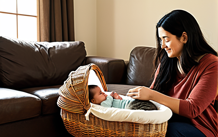 **

"A cozy living room scene where a fully clothed mother is gently introducing her baby (in a Moses basket) to a curious but cautious cat. The cat is sniffing the air near the baby but is not in direct contact. Soft, natural lighting, warm colors, safe for work, appropriate content, fully clothed, modest setting, family-friendly, perfect anatomy, correct proportions, natural pose."

**