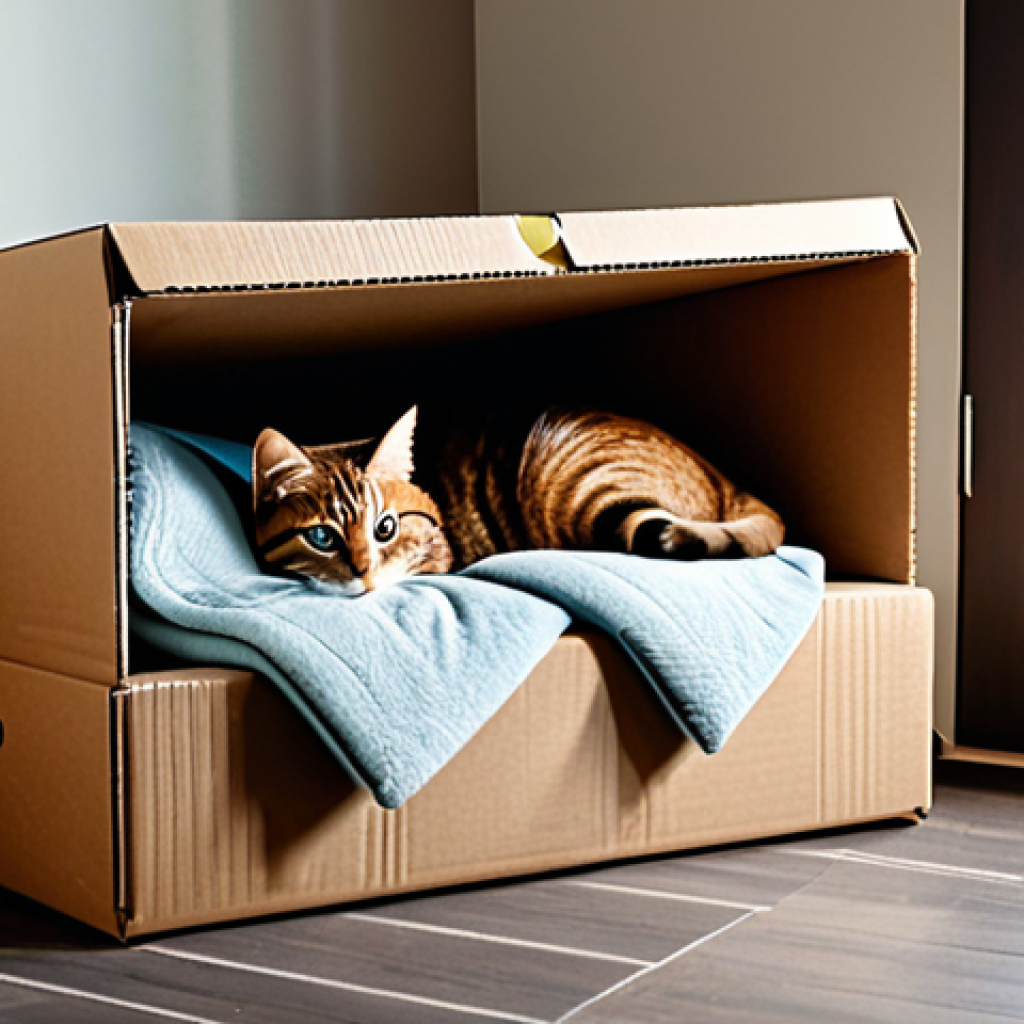 **
"A cozy and safe corner for a pregnant cat. A large cardboard box with soft blankets inside, placed in a quiet room of a house. The cat is fully clothed, curled up comfortably inside. Safe for work, appropriate content, family-friendly, perfect anatomy, natural proportions."
**