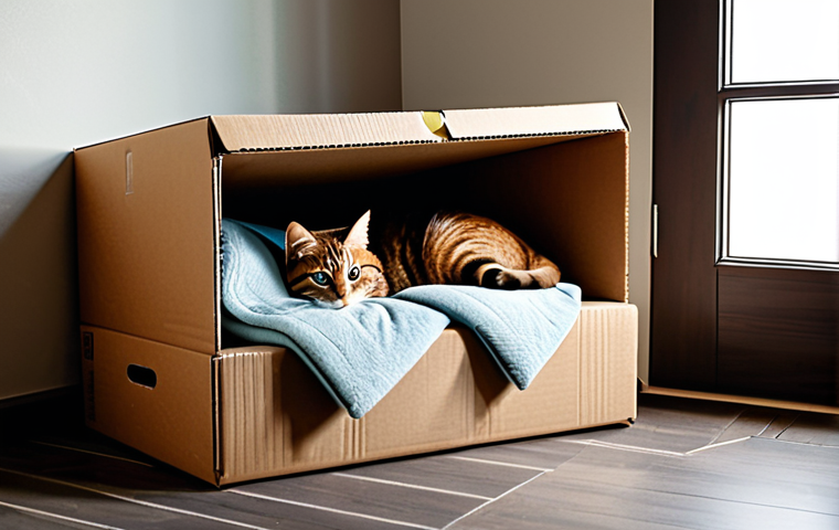 **

"A cozy and safe corner for a pregnant cat. A large cardboard box with soft blankets inside, placed in a quiet room of a house. The cat is fully clothed, curled up comfortably inside. Safe for work, appropriate content, family-friendly, perfect anatomy, natural proportions."

**