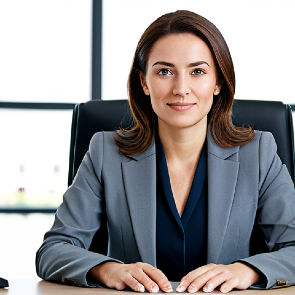 고양이 모래 먼지 차단법 - A professional businesswoman in a modest business suit, sitting at a desk in a modern office, fully ...