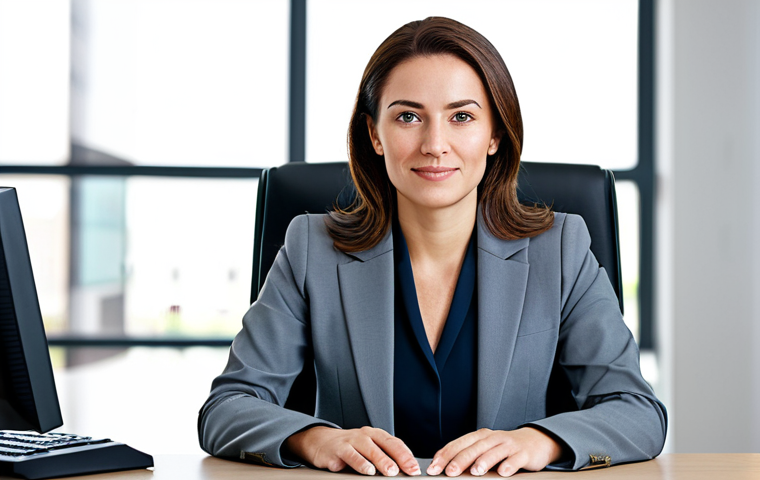 고양이 모래 먼지 차단법 - A professional businesswoman in a modest business suit, sitting at a desk in a modern office, fully ...