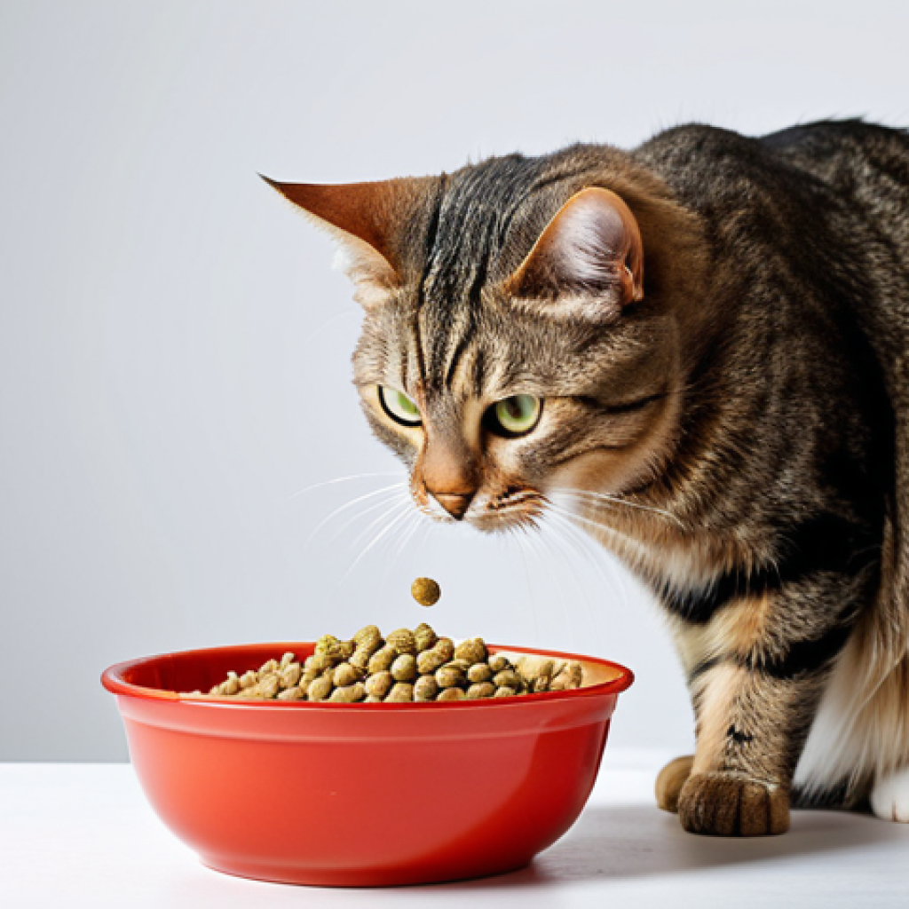 고양이 털 빠짐 방지 팁 - Balanced Diet for Cats**
"A cat eating from a bowl of high-quality cat food, fully clothed, appropr...
