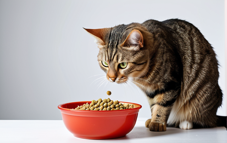 고양이 털 빠짐 방지 팁 - Balanced Diet for Cats**
"A cat eating from a bowl of high-quality cat food, fully clothed, appropr...