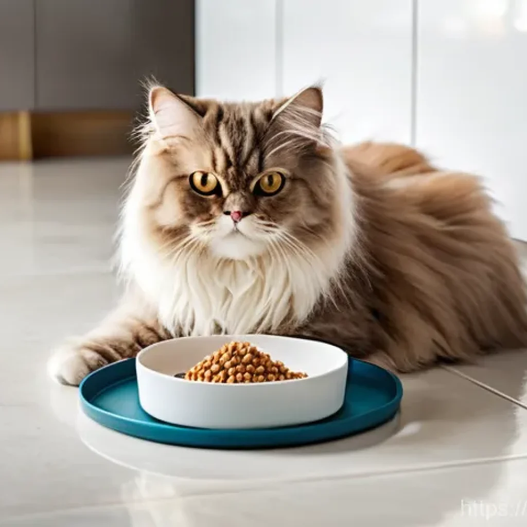 고양이 먹이 시간표 - **A Balanced Meal:** A healthy and fluffy Persian cat with lustrous cream-colored fur, seated comfor...