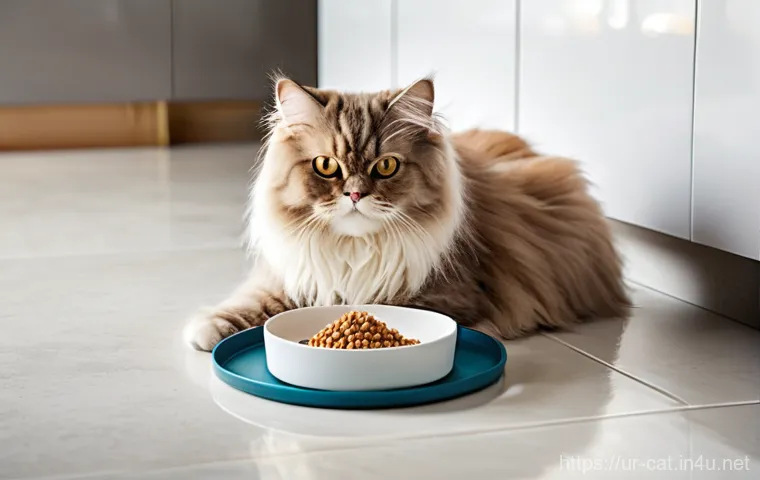 고양이 먹이 시간표 - **A Balanced Meal:** A healthy and fluffy Persian cat with lustrous cream-colored fur, seated comfor...