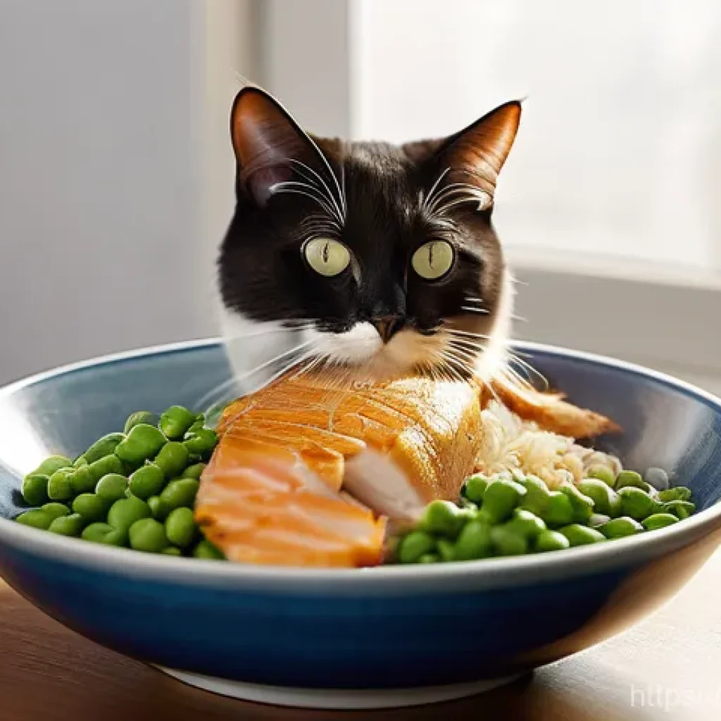 고양이 사료 성분 비교 - **Prompt 1: A Contented Cat's Meal**
A close-up, photorealistic image of a beautiful, healthy do...