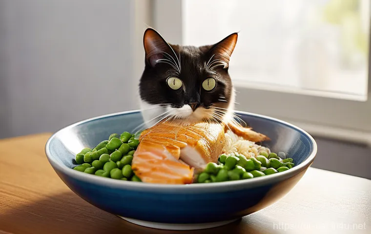 고양이 사료 성분 비교 - **Prompt 1: A Contented Cat's Meal**
A close-up, photorealistic image of a beautiful, healthy do...