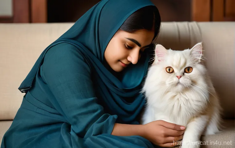 고양이 보험 추천 - **Prompt:** A heartwarming scene featuring a beautiful, fluffy Persian cat, similar to "Mithoo," bei...