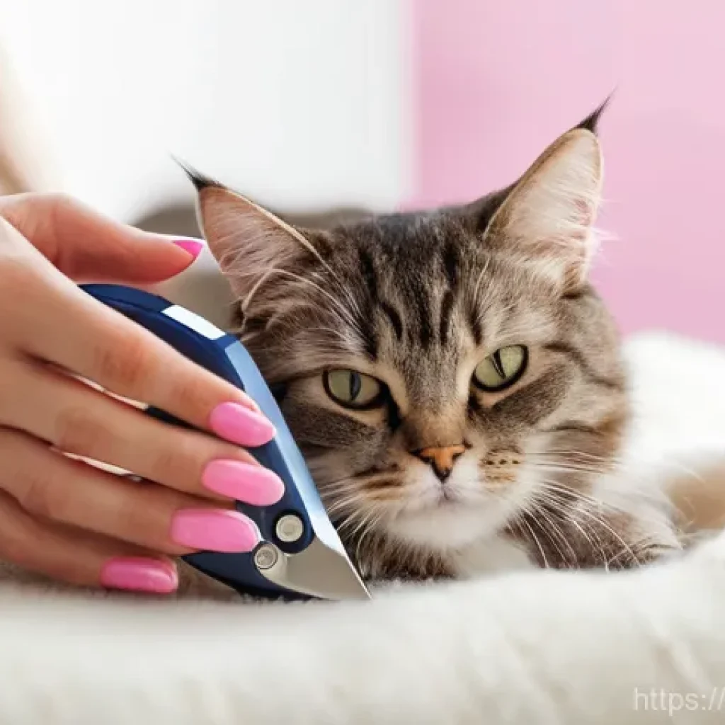 고양이 발톱 깎는 법 - **A Gentle Nail Trimming Session:**
A close-up shot of a person's hands gently holding a fluffy ...