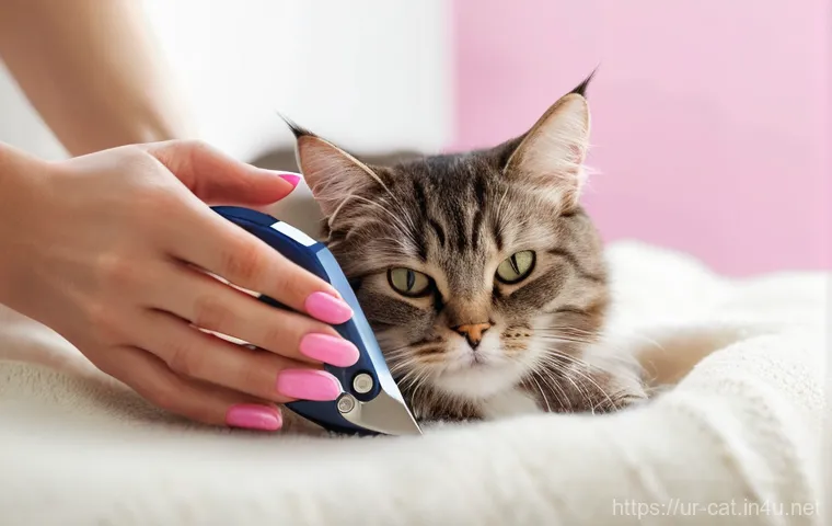 고양이 발톱 깎는 법 - **A Gentle Nail Trimming Session:**
A close-up shot of a person's hands gently holding a fluffy ...