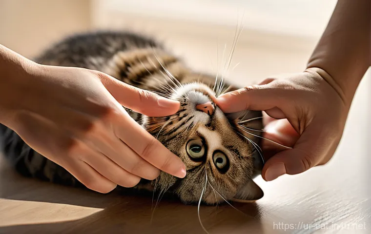 고양이 발톱 깎는 법 - **A Gentle Nail Trimming Session:**
    A close-up shot of a person's hands gently holding a fluffy ...